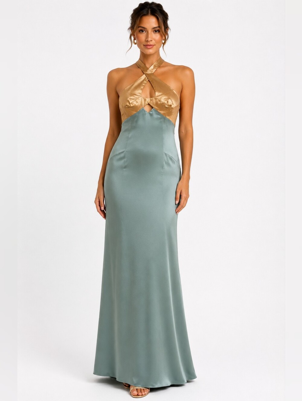 Nicole Miller  100% Silk Halter Gown Gold & Sage Green
